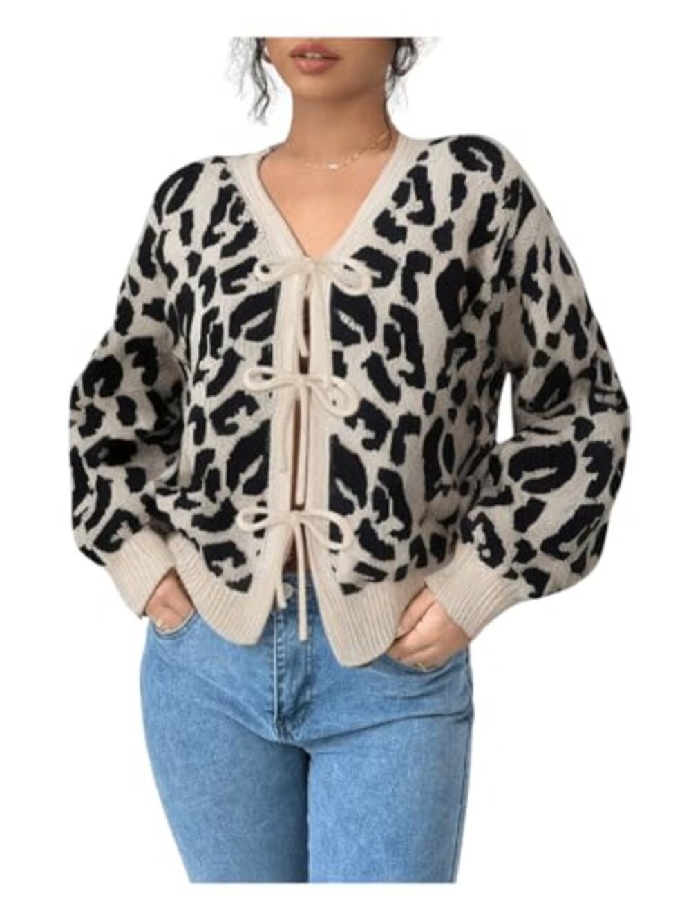 Women's Leopard Print Bow Tie Front Knit Cardigan Sweater